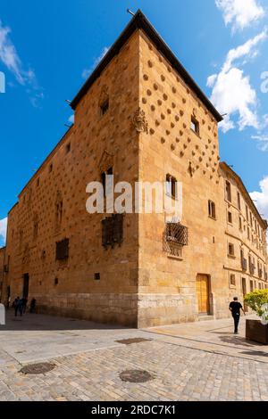 La facciata scolpita di conchiglie in pietra della Casa de las Conchas (ora Biblioteca Publica), Salamanca, Spagna. Costruito nel 1517 da Rodrigo Arias de Maldonado, un Foto Stock