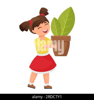 Ragazza felice con la pianta in erba. I bambini aiutano in giardino, attività all'aperto illustrazione di cartoni animati vettoriali Illustrazione Vettoriale