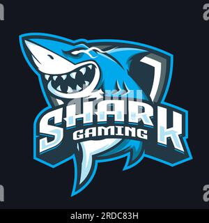 Squalo con logo Shark Gaming Mascot e pesce grande squalo da caccia bianca Illustrazione Vettoriale