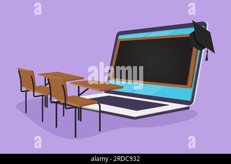 Disegnare i personaggi, sedie e scrivanie vuote che si affacciano sullo schermo gigante del computer portatile, in cui è presente una lavagna bianca e un tappo di graduazione in cima. E-Lear Foto Stock