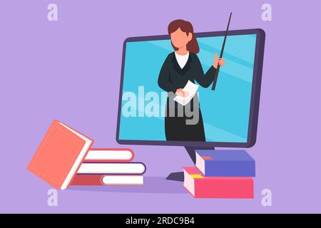 Disegno piatto personaggio bellezza insegnante donna insegnante insegnare, metà del suo corpo è fuori dallo schermo del monitor del computer con una pila di libri. lezione su internet. Online le Foto Stock