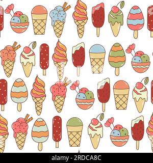 Gelato estivo. Set di dessert surgelati con latte estratto a mano. Gelato a fantasia senza cuciture, popsicle, in un cono di waffle e in una tazza. Sfondo per il tessile Illustrazione Vettoriale