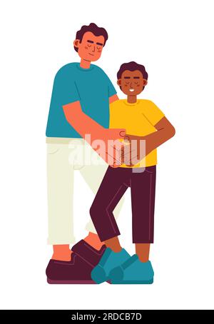 Padre latino che abbraccia il figlio afro-americano caratteri vettoriali a colori semi piatti Illustrazione Vettoriale