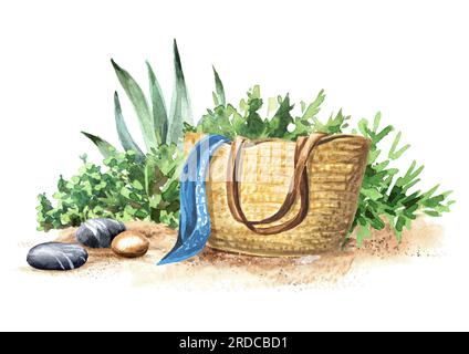 Borsa da spiaggia in vimini con sabbia sullo sfondo delle piante tropicali, illustrazione ad acquerello disegnata a mano isolata su sfondo bianco Foto Stock