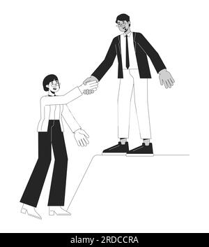 Il lavoratore in ufficio tiene in mano i caratteri vettoriali neri e bianchi dei colleghi Illustrazione Vettoriale