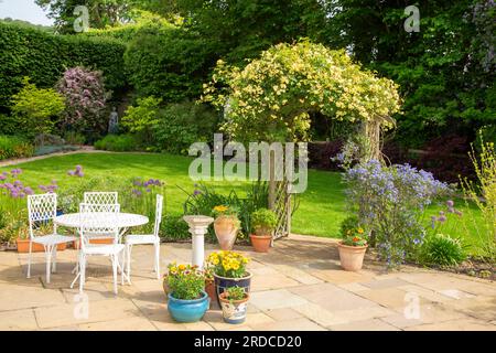 Tavolo da giardino e sedie besdideRosa senza fiato Lady Banks Rose che sale su un arco da giardino con Ceanothus Concha blu a destra. Foto Stock