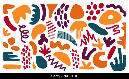 Grande set di colori dipinti a mano di varie forme, ricci, forme, tratti di pennello e oggetti scarabocchi. Illustrazione Vettoriale