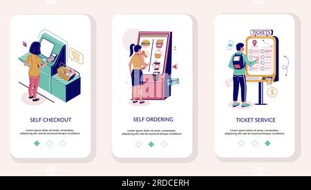 L'onboarding di app mobili self-service consente di visualizzare il modello vettoriale Illustrazione Vettoriale