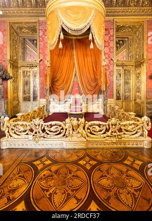 Torino, Italia - aprile 2023: Sala del trono del Palazzo reale. Interni antichi ed eleganti di lusso, intorno al 1860 Foto Stock