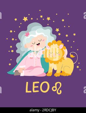 Simpatico segno zodiacale a forma piatta. Illustrazione vettoriale con simbolo astrologico Leo, segno zodiacale. Illustrazione Vettoriale