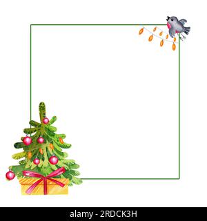 Cornice quadrata ad acquerello con albero di Natale, uccello invernale e regali, illustrazione delle vacanze invernali, spase per il testo, skate disegnate a mano, ecc. Foto Stock