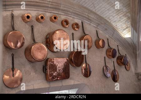 Set di pentole di rame appese al muro nella cucina del Château de Chenonceau in Francia Foto Stock