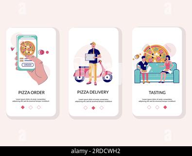 L'onboarding dell'app mobile online Pizza visualizza il modello vettoriale Illustrazione Vettoriale