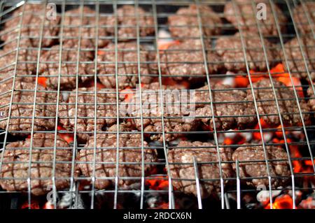 Polpette alla griglia kofta kufta di carne macinata di manzo in una rete a rete grigliata con manico su un carbone con fuoco e fuoco alla griglia, barbecue succoso Foto Stock