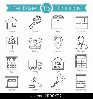 16 icone delle linee immobiliari. illustrazione di vector eps10 Illustrazione Vettoriale