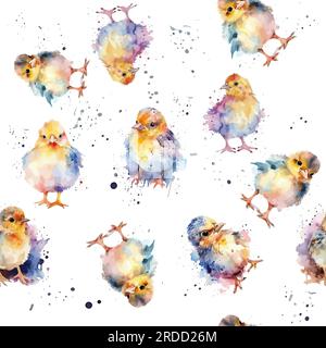 Motivo senza cuciture con pollo cartoni animati. Sfondo disegnato a mano. Illustrazione vettoriale. Vero disegno ad acquerello. Illustrazione Vettoriale