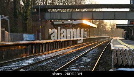 Stazione ferroviaria di Sherborne Dorset, in prima serata d'inverno Foto Stock