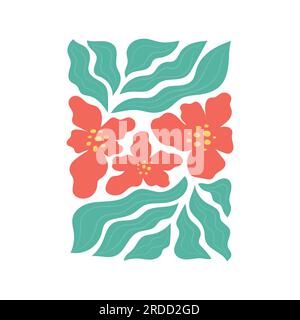 Poster botanico colorato e alla moda, arte murale con piante floreali selvatiche, fiori, foglie. Decorazioni moderne e raffinate, stampa di carte di credito. Appartamento moderno Illustrazione Vettoriale