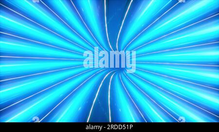 Flusso al neon blu. Volare attraverso il tunnel lightspeed dell'universo. illustrazione 3d. Foto Stock