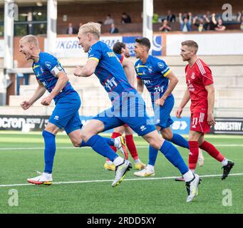 Park Hall, Oswestry, Shropshire, Inghilterra, 20 luglio 2023. Daníel Hafsteinsson di KA Akureyri celebra il suo gol di apertura durante il Quay Nomads Football Club V Knattspyrnufélag Akureyrar/ KA Akureyri nella prima fase di qualificazione della UEFA Europa Conference League 2023/2024, al Park Hall. (Immagine di credito: ©Cody Froggatt/Alamy Live News) Foto Stock