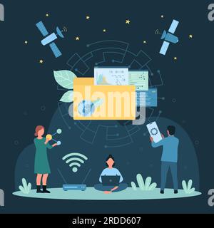 Cartoni animati le persone più piccole caricano, condividono cartelle con file tramite telefono, laptop, spostano i documenti negli archivi, copiano e inviano backup di sistema. Download online e trasferimento dati illustrazione vettoriale dark concept Illustrazione Vettoriale