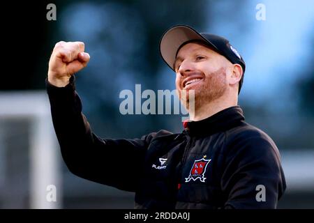 Il manager di Dundalk Stephen o'Donnell festeggia al termine del primo turno di qualificazione della UEFA Europa Conference League, partita di andata e ritorno a Oriel Park, Dundalk. Data foto: Giovedì 20 luglio 2023. Foto Stock