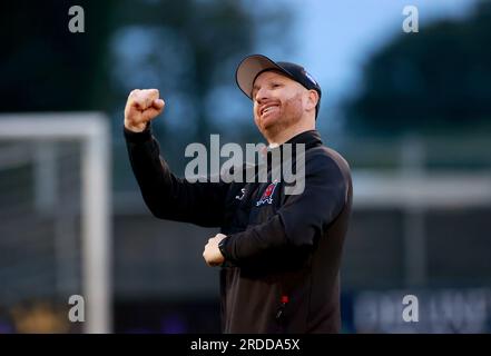 Il manager di Dundalk Stephen o'Donnell festeggia al termine del primo turno di qualificazione della UEFA Europa Conference League, partita di andata e ritorno a Oriel Park, Dundalk. Data foto: Giovedì 20 luglio 2023. Foto Stock