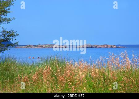 Tre nuotatrici si preparano a nuotare in un'isola rocciosa di fronte al faro di Presque Isle a Marquette, Michigan. Foto Stock