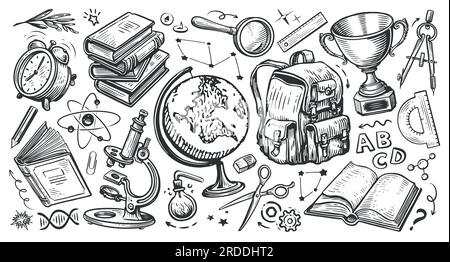 Set di elementi della scuola. Illustrazione dello schizzo vettoriale in stile doodle disegnato a mano. Torna a scuola, concetto Illustrazione Vettoriale