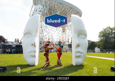 Il Blue Dot Festival 2023 si svolgerà presso l'iconico osservatorio Jodrell Bank del Cheshire nel Regno Unito durante il fine settimana dal 20 luglio al 23 luglio 2023. Foto Stock