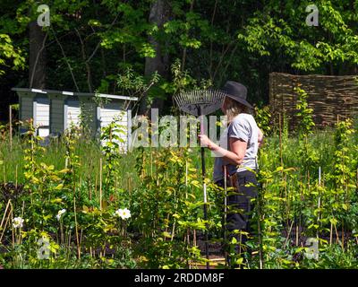 Gothenburg, Svezia - 30 maggio 2023: Giardiniere con rastrello nel giardino botanico di Gothenburg Foto Stock