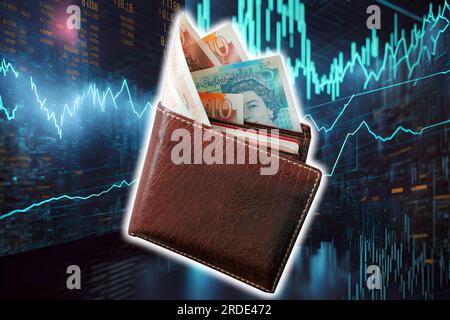 Portafoglio con indicatori della sterlina e del mercato azionario (denaro, affari, finanza, crisi, successo, svalutazione, inflazione) Foto Stock