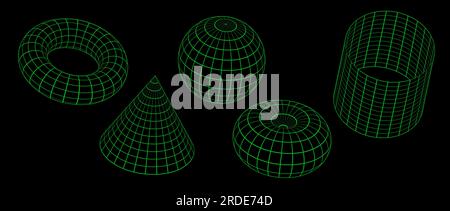 Collezione di forme a reticolo al neon verde. profilo 3d sfera, cilindro, cono e toro. Elementi geometrici per modelli di progettazione, icone, logo. Oggetti reticolo astratto con linee collegate. Pacchetto vettoriale Illustrazione Vettoriale