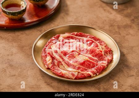 Manzo giapponese Kobe per barbecue，manzo giapponese Wagyu per yakiniku di alta qualità，fetta di manzo giapponese，manzo giapponese marmorizzato utilizzato per sukiyaki e shabu, Kobe Foto Stock