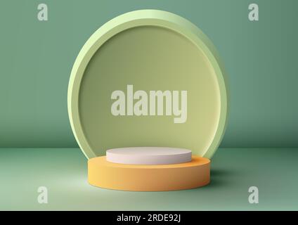 I gradini 3D realistici del podio giallo e bianco con sfondo ovale verde tenue sono un mockup di illustratori vettoriali moderno e minimale per l'esposizione dei prodotti. Illustrazione Vettoriale