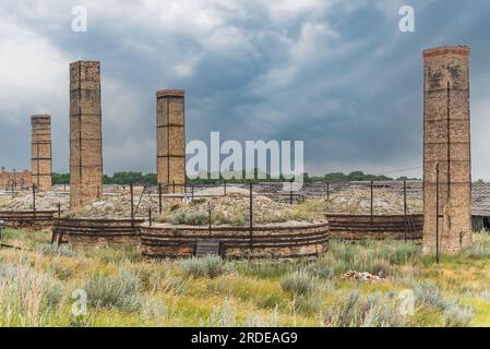 Forni abbandonati utilizzati per la fabbricazione di mattoni a Claybank, SK Foto Stock