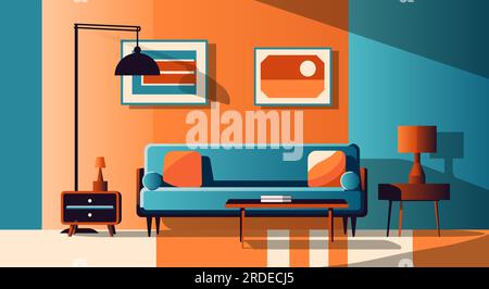 Camera confortevole con divano e cuscini. Interni con divano in accoglienti colori retrò. Illustrazione Vettoriale