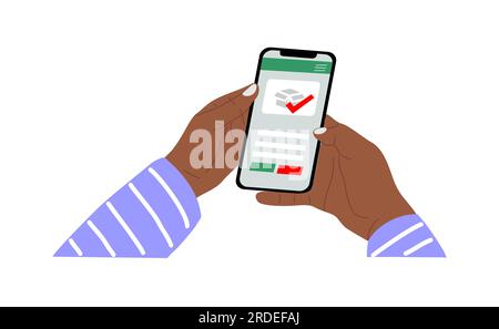 Telefono cellulare con la mano con l'app per lo shopping online Illustrazione Vettoriale