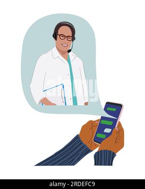 Smartphone che tiene la mano e parla con un medico maschio Illustrazione Vettoriale