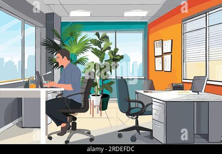 Uomo d'affari alla scrivania al lavoro in ufficio. Illustrazione Vettoriale