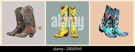 Set di diversi stivali da cowgirl vettore isolato. Illustrazione Vettoriale