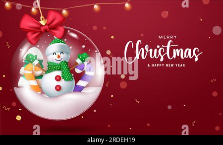 Buon natale, testo vettoriale. Natale e felice anno nuovo saluto con il personaggio dell'uomo della neve in cristallo palla appesa. Vettore Illustrazione Vettoriale