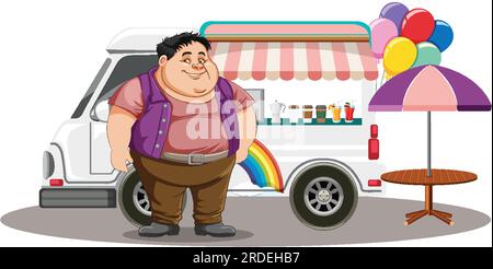 Uomo in sovrappeso davanti all'illustrazione del camion dei gelati Illustrazione Vettoriale