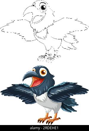 Un cartone animato vettoriale che mostra un corvo sorridente con ali spalmate, isolate su uno sfondo bianco Illustrazione Vettoriale