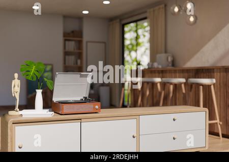 Un bellissimo lettore di dischi in vinile vintage è collocato su un mobile minimalista in legno in un accogliente salotto minimalista. rendering 3d, illustrazione 3d. Foto Stock
