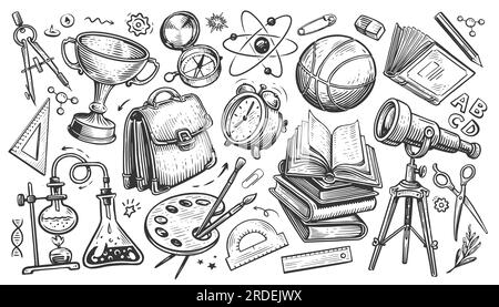 Concetto scolastico. Raccolta di elementi didattici. Illustrazione dello schizzo disegnato a mano Foto Stock