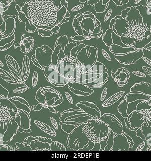 I fiori di peonia creano un motivo senza cuciture su sfondo verde. Disegnato a mano, retrò, vintage Illustrazione Vettoriale