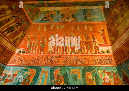 Soffitto decorato con affreschi nella sala n..1.Maya.dipinto murale originale di Bonampak. Museo Nacional de Antropologia. Stato del Messico D.F. Messico. Foto Stock