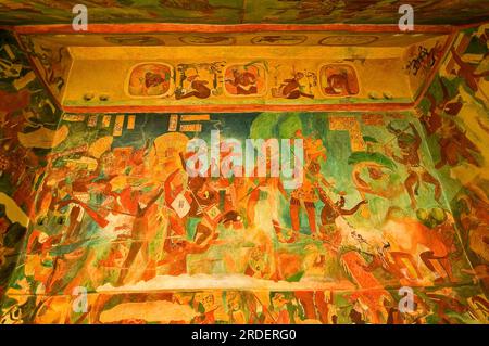 Parete decorata con affreschi nella sala n..2.Maya.dipinto murale originale di Bonampak. Museo Nacional de Antropologia. Stato del Messico D.F. Messico. Foto Stock