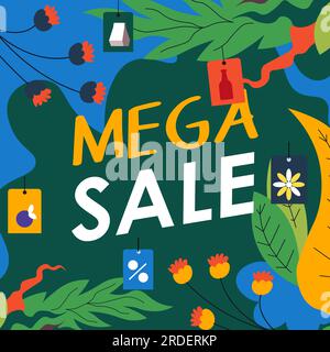 Striscione promozionale Mega sale con fogliame di foglie Illustrazione Vettoriale